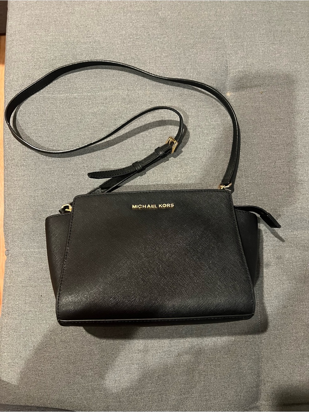 MICHAEL KORS Black Saffiano Leather Crossbody with Gold Logo